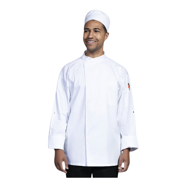 A man wearing a white Uncommon Chef Pisa long sleeve chef coat with white mesh back.