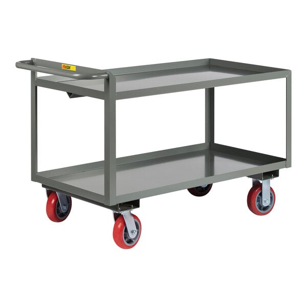 A gray Little Giant steel merchandise collector cart with red polyurethane wheels.