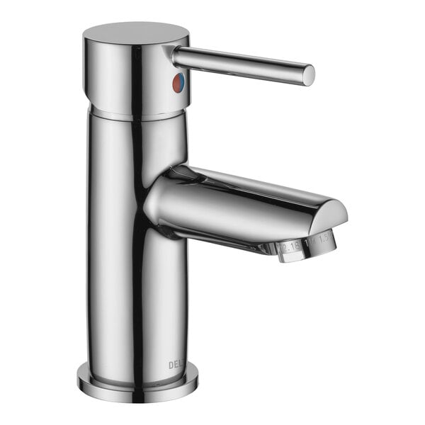A Delta chrome lavatory faucet with a single lever handle.