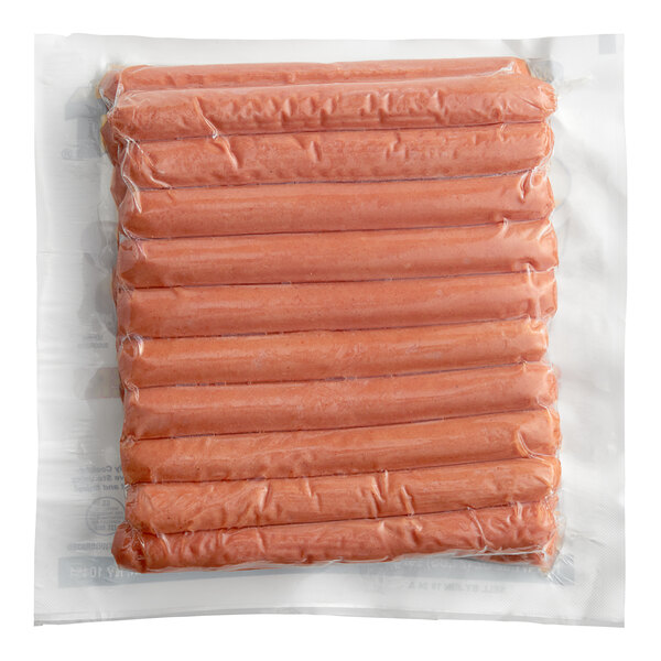 A package of Sabrett Skinless Beef Franks in plastic wrap.