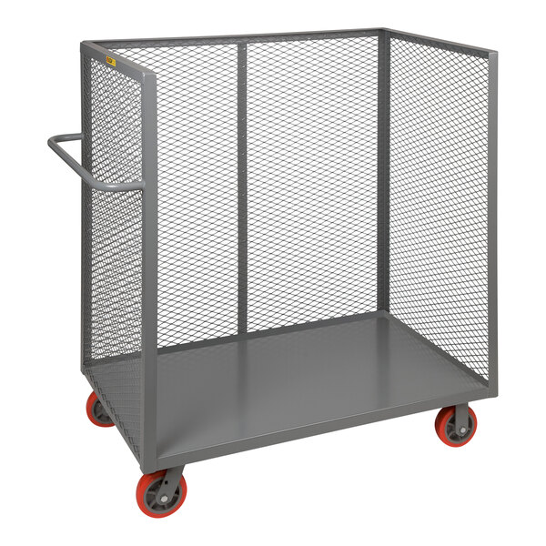 A gray Little Giant 3-sided lipped bulk cart with red polyurethane wheels.