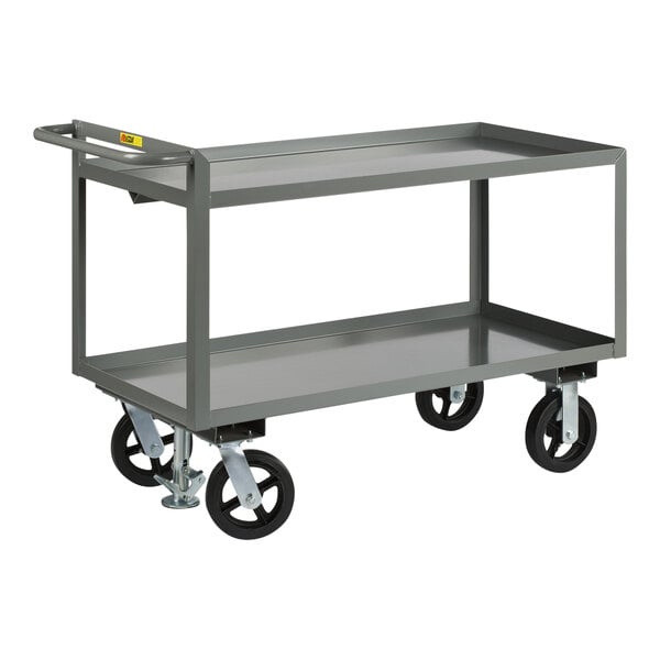 A Little Giant gray steel merchandise collector cart with black rubber wheels.