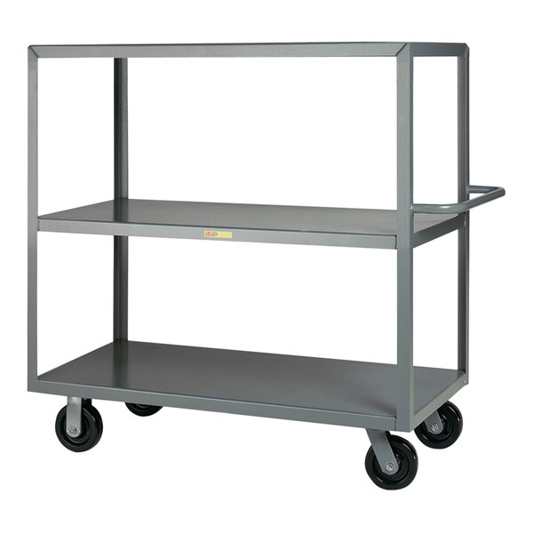 A gray metal Little Giant 3-shelf steel cart with black wheels.