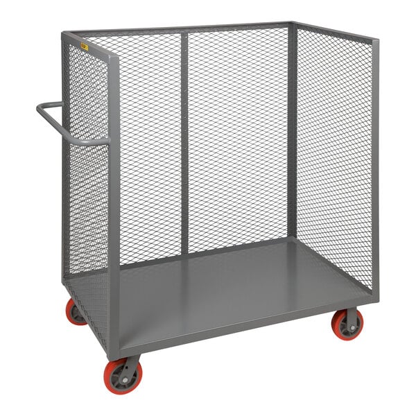 A gray Little Giant 3-sided lipped bulk cart with mesh sides and red polyurethane wheels.