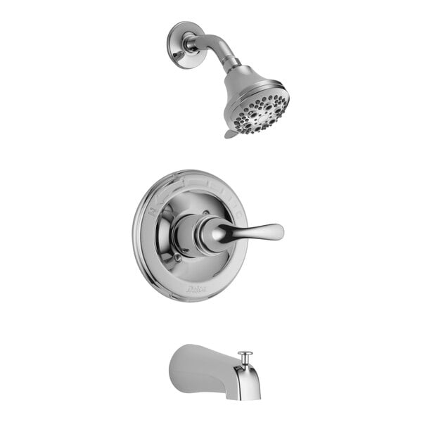 A Delta chrome bath and shower trim kit with a shower head and faucet handle.