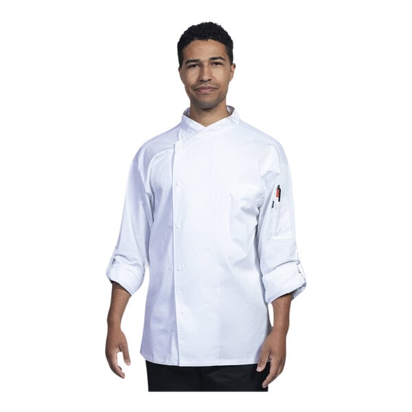 A man wearing a white Uncommon Chef Como long sleeve chef coat with white mesh back.