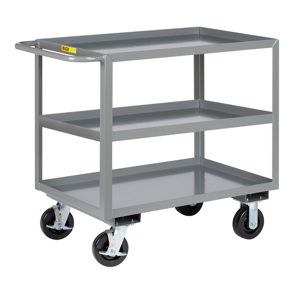 A grey Little Giant heavy-duty steel cart with three shelves and black wheels.