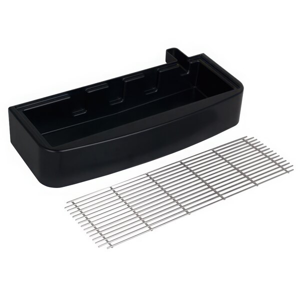 A black rectangular drip tray with a metal grate.