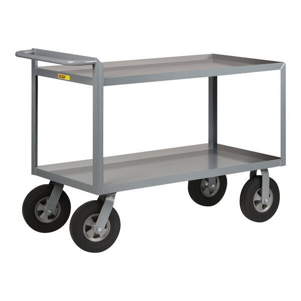 A gray steel Little Giant merchandise collector cart with black wheels.
