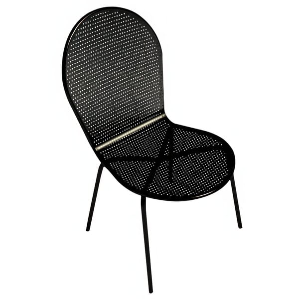 An American Tables and Seating black outdoor restaurant chair with a rounded seat and seat back and metal legs.