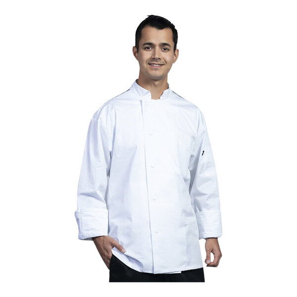 A man wearing a white Uncommon Chef Genoa long sleeve chef coat with black mesh.