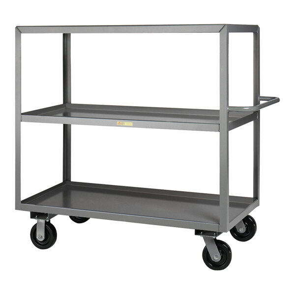 A gray steel Little Giant 3-shelf utility cart with black wheels.