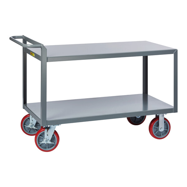 A gray Little Giant steel merchandise collector cart with red polyurethane wheels.