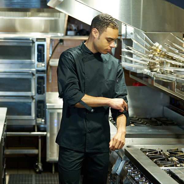 Uncommon Chef Como Unisex Customizable Black Convertible Long Sleeve Chef Coat with Black Mesh Back 0708 - L