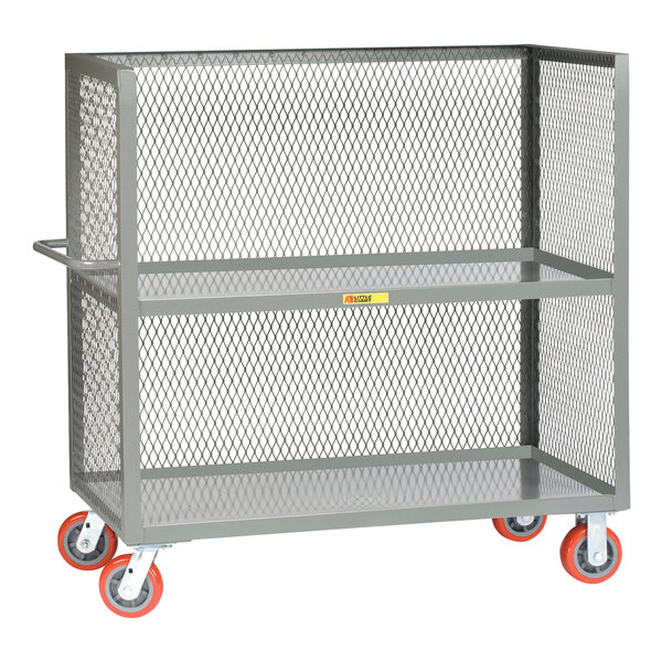 A gray Little Giant 3-sided lipped bulk cart with polyurethane wheels.