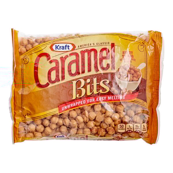 A bag of Kraft Caramel Bits with an orange label.