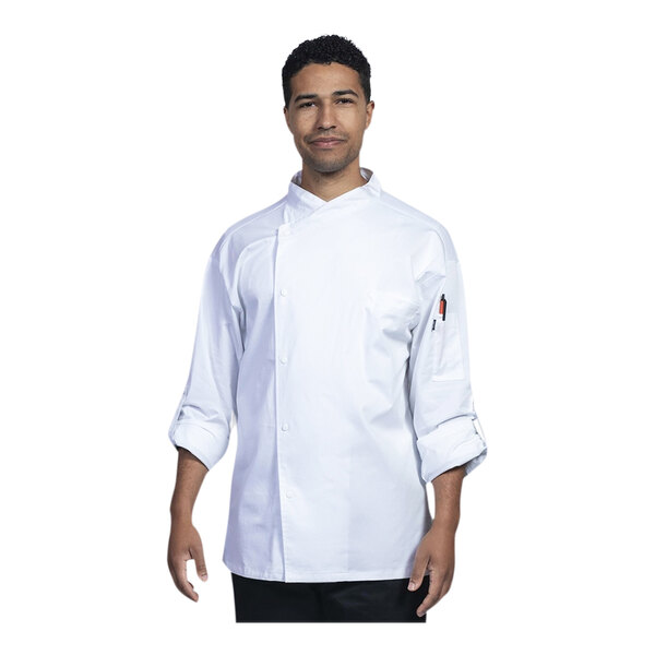 A man wearing a Uncommon Chef white convertible long sleeve chef coat with white mesh back.