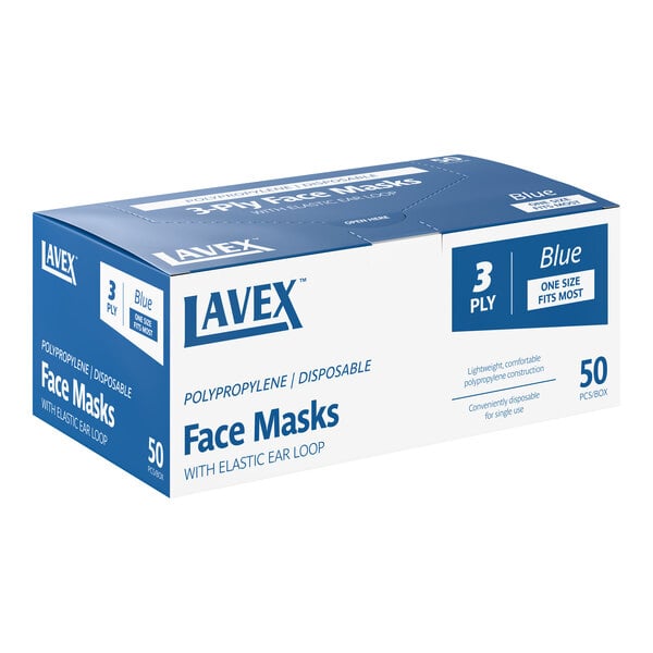 A box of Lavex 3-ply blue disposable polypropylene face masks with elastic ear loops, containing 50 masks.