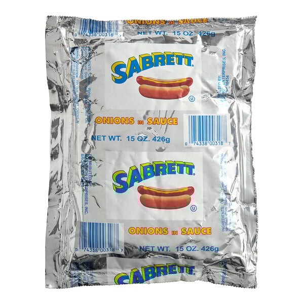 A package of Sabrett Onions in Sauce with white and blue labeling.