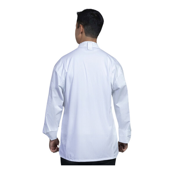 A man wearing a white Uncommon Chef long sleeve chef coat with a white mesh back.