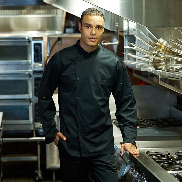 Uncommon Chef Como Unisex Customizable Black Convertible Long Sleeve Chef Coat with Black Mesh Back 0708 - M