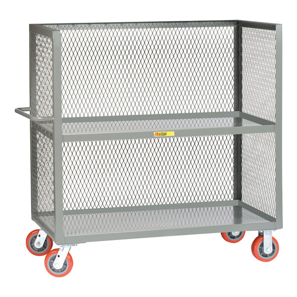 A gray steel Little Giant 3-sided utility cart with mesh sides and orange wheels.