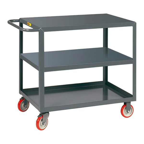 A gray Little Giant steel service cart with three shelves.