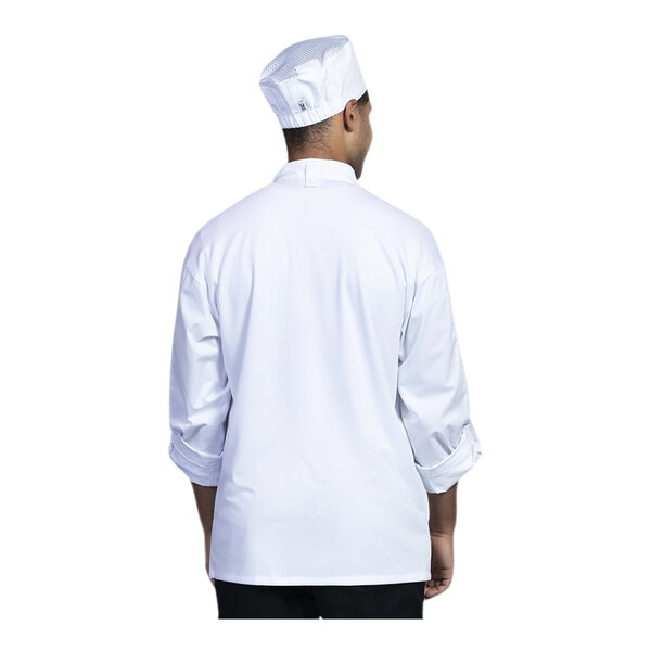 A man wearing a Uncommon Chef Pisa white chef coat with white mesh back.