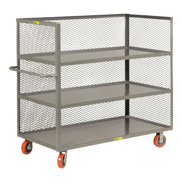 A metal Little Giant 3-tier cart with 3 sides and 3 shelves with orange polyurethane wheels.