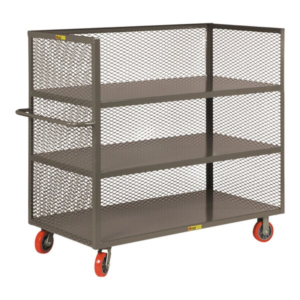 A Little Giant three-tier metal bulk truck with mesh sides and polyurethane casters.