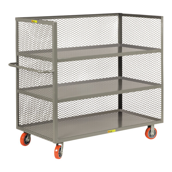 A metal Little Giant three-sided cart with three shelves and orange wheels.