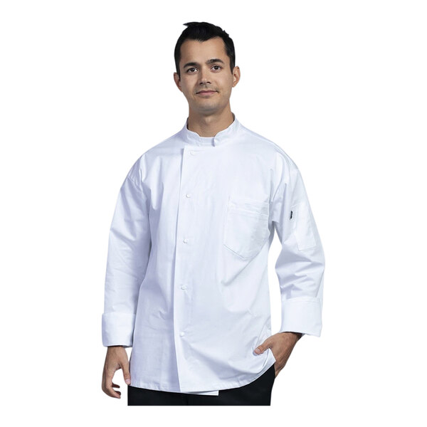 A man wearing a white Uncommon Chef long sleeve chef coat with white mesh on the back.