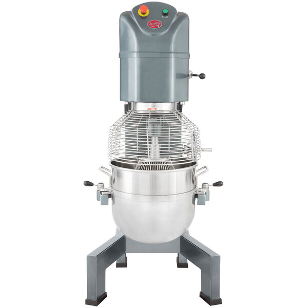 An Avantco 60 quart commercial floor mixer with a metal bowl and wire cage.