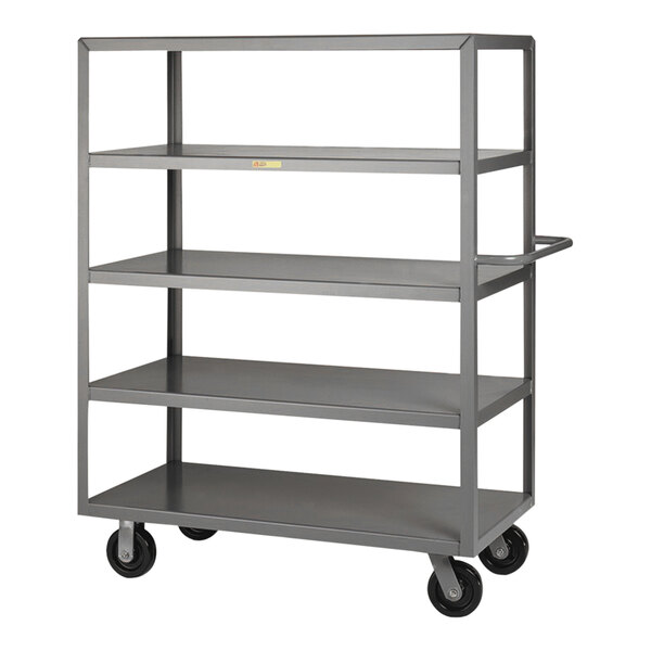 A grey metal Little Giant heavy-duty shelf cart with 6" wheels.