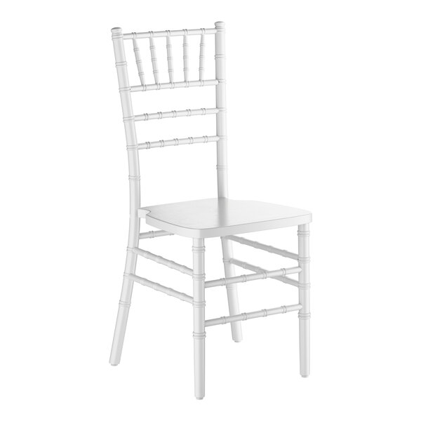 A white wooden Chiavari chair with a slatted back and spindle detailing.