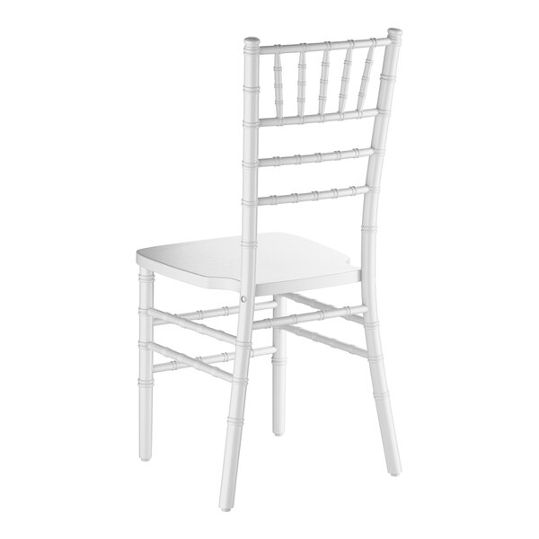 A white wooden Chiavari chair with a slatted back and decorative spindle detailing.