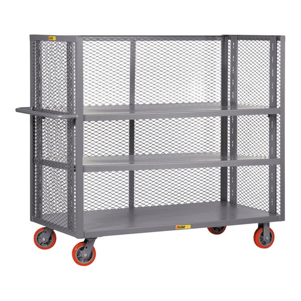 A gray cart with orange wheels.
