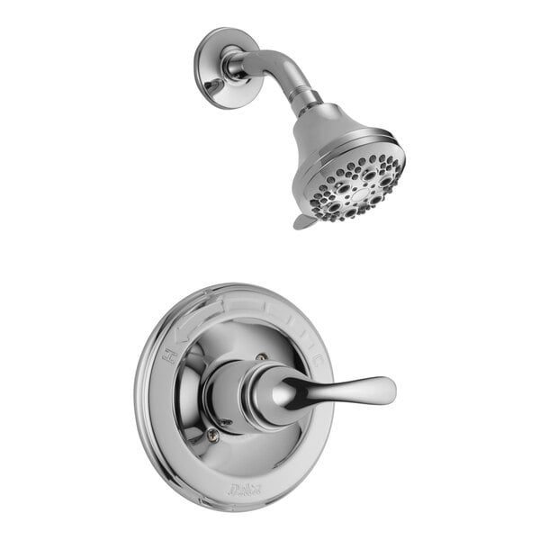 A Delta shower faucet with chrome finish and a handle.