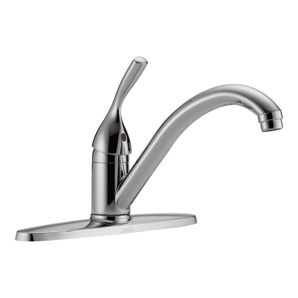 A chrome Delta kitchen faucet with a single lever handle.