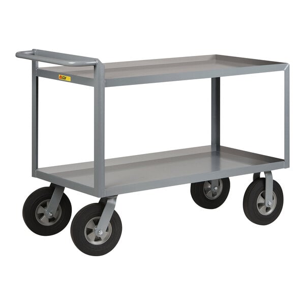 A gray steel Little Giant merchandise collector cart with black wheels.