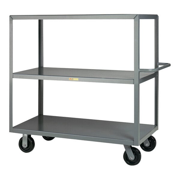 A grey metal Little Giant 3-shelf steel maintenance cart with black wheels.
