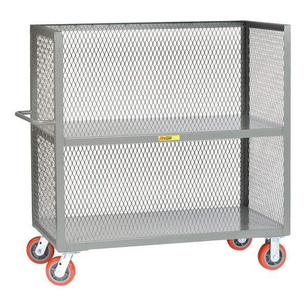A gray metal Little Giant bulk truck with red polyurethane wheels.