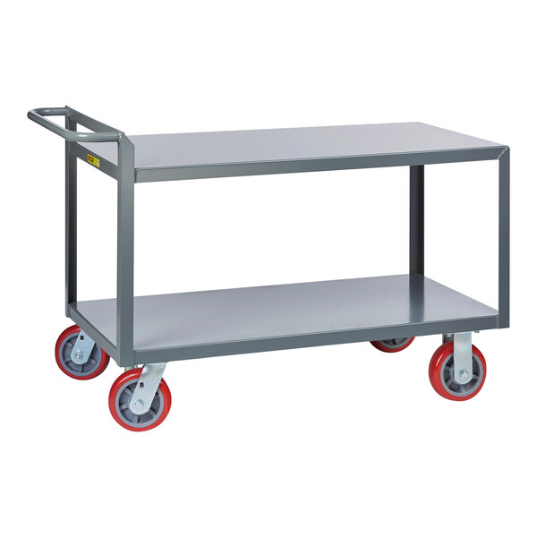 A gray Little Giant merchandise collector cart with red polyurethane wheels.