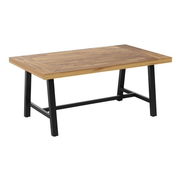 A Flash Furniture rectangular acacia wood table with matte black steel legs.