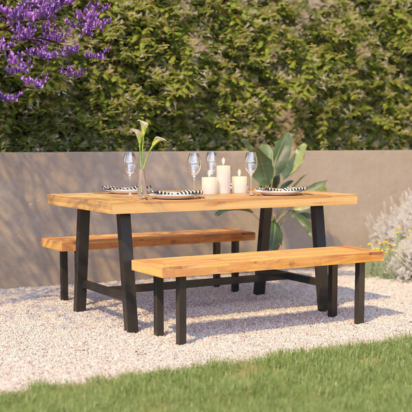 Flash Furniture Rafe 39 1/2" x 67" Rectangular Acacia Wood Indoor / Outdoor Standard Height Table with Matte Black Steel Legs