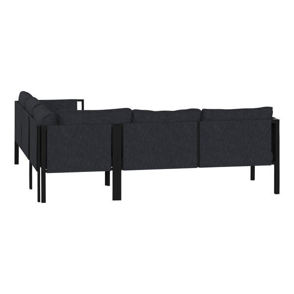 A Flash Furniture black steel sectional couch with charcoal cushions and storage pockets.
