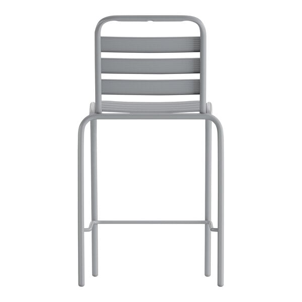 A silver aluminum bar stool with a backrest.