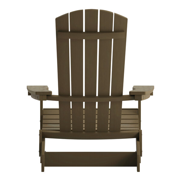 A close-up of a Flash Furniture mahogany faux wood folding Adirondack chair with a backrest.