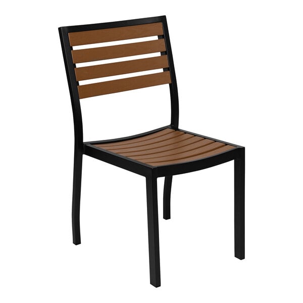 A Flash Furniture Lark natural faux teak slat side chair with a black frame.