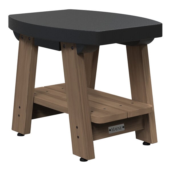 A black rectangular side table with a wooden base.